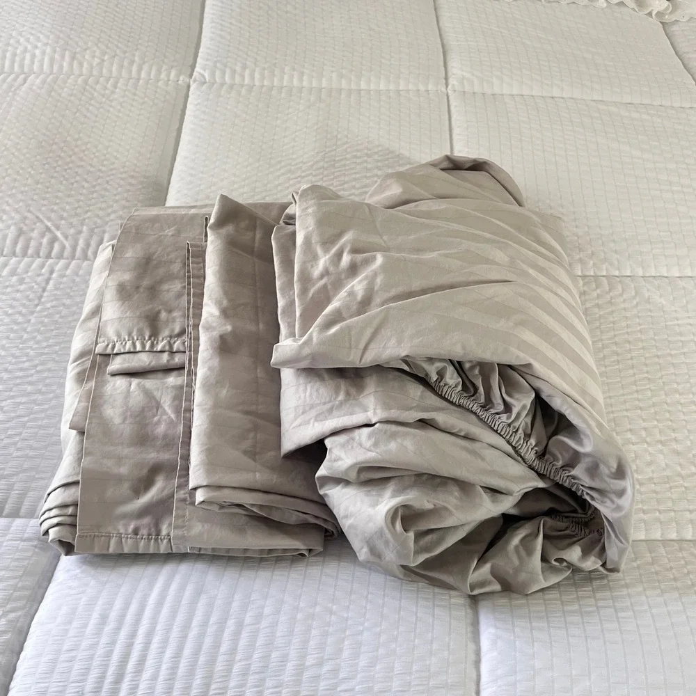 Wamsutta Queen Sheet 2-Piece Gray 100% Pima Cotton Damask Stripe 500TC Luxury